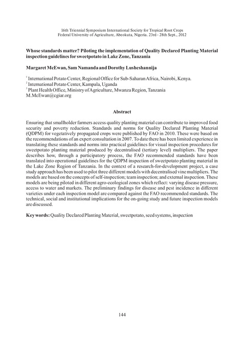 Whose standards matter? Piloting the implementation of quality declared planting material inspection guidelines for sweetpotato in Lake Zone, Tanzania.