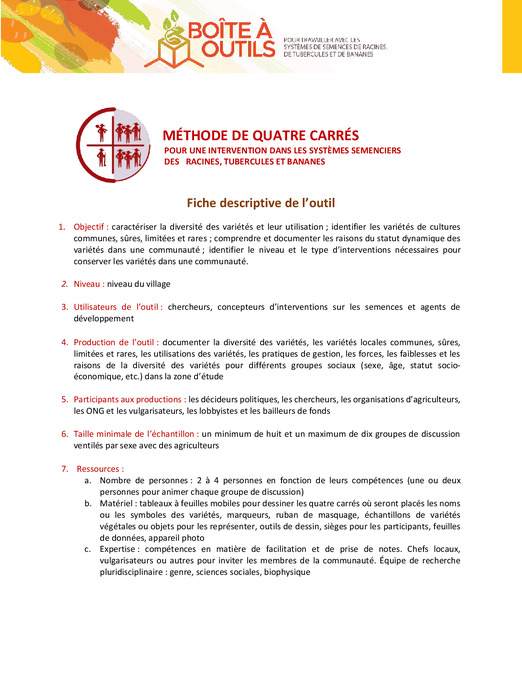 Méthode de quatre carrés pour une intervention dans les systèmes semenciers des racines, tubercules et bananes