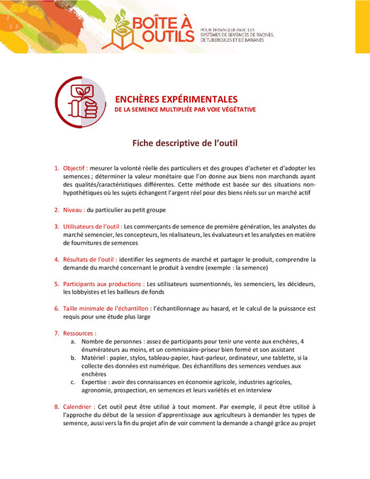 Fiche descriptive de l’outil Enchères expérimentales de la semence multipliée par voie végétative