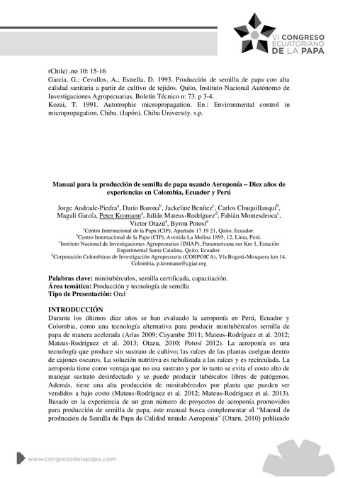 Manual para la produccion de semilla de papa usando aeroponia - Diez años de experiencias en Colombia, Ecuador y Peru