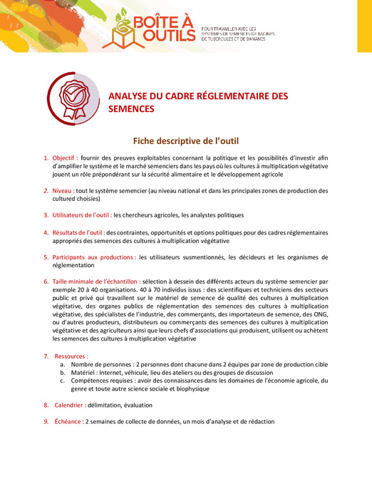 Fiche descriptive pour l'analyse du cadre réglementaire des semences