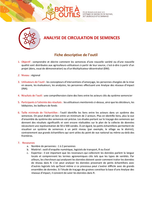Fiche descriptive de l’outil Analyse de circulation de semences