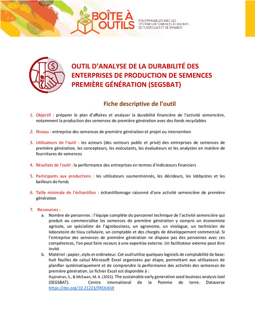 Fiche descriptive de l'outil d’analyse de la durabilité des enterprises de production de semences première génération (SEGSBAT)